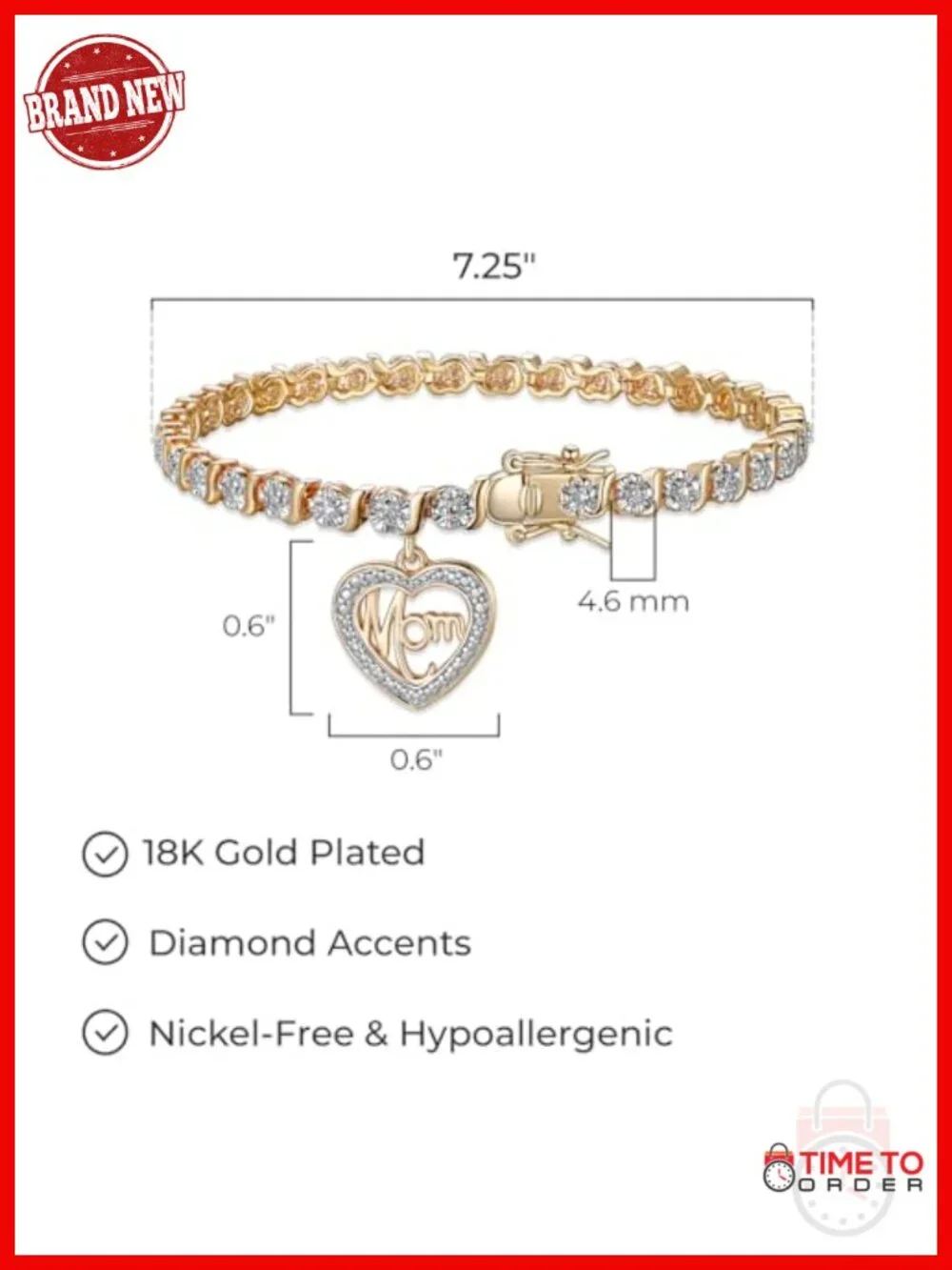 Diamond Accent S-Link Chain Tennis Bracelet with MOM Charm, Hypoallergenic, 18k